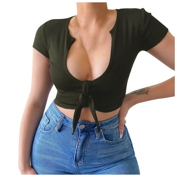 Women's T-Shirts Women's V Neck Tie with Waist Street Sexy Short Sleeved Shirt Top for Stylish Casual Outfits and Everyday Wear