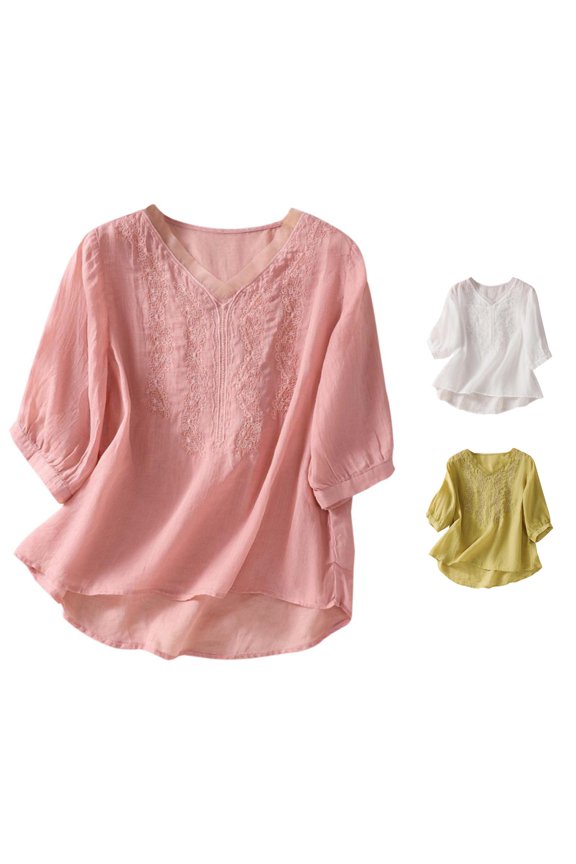 Women's T-ShirtsWomen's Solid Color Embroidered Blouse V Neck Patchwork Shirt Pink XXL