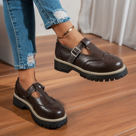 Women's T-Strap Mary Jane Shoes Spring Summer Round Toe Non-Slip Chunky Heel Loafers Cute Breathable Dressy Cosplay Party Dress Shoes Brown 7