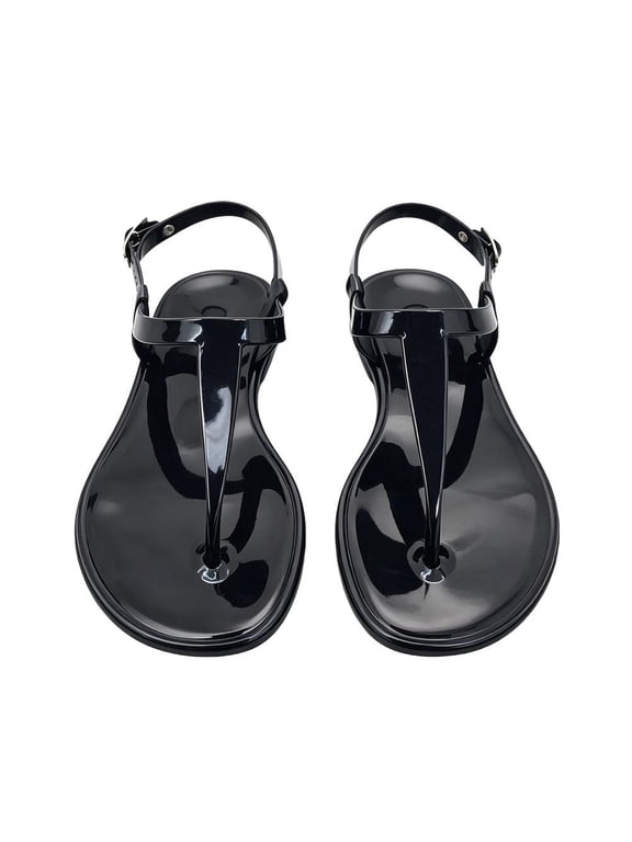Women’s T-Strap PVC Flat Sandals, 0.39-Inch Sole, EU Size 41, T-Strap Thong Upper, PVC and Metal Buckle, Adjustable Ankle Closure, Black