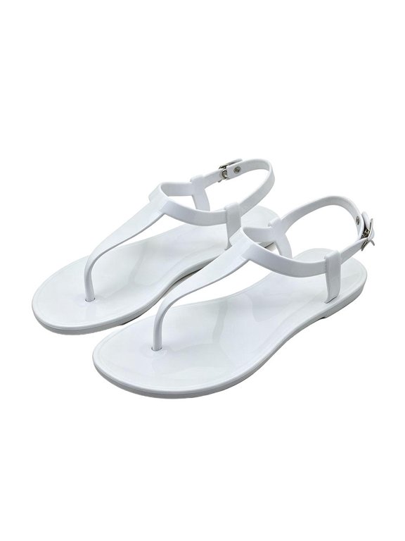 Women’s T-Strap PVC Flat Sandals, 0.39-Inch Sole, EU Size 41, T-Strap Thong Upper, PVC and Metal Buckle, Adjustable Ankle Closure, White