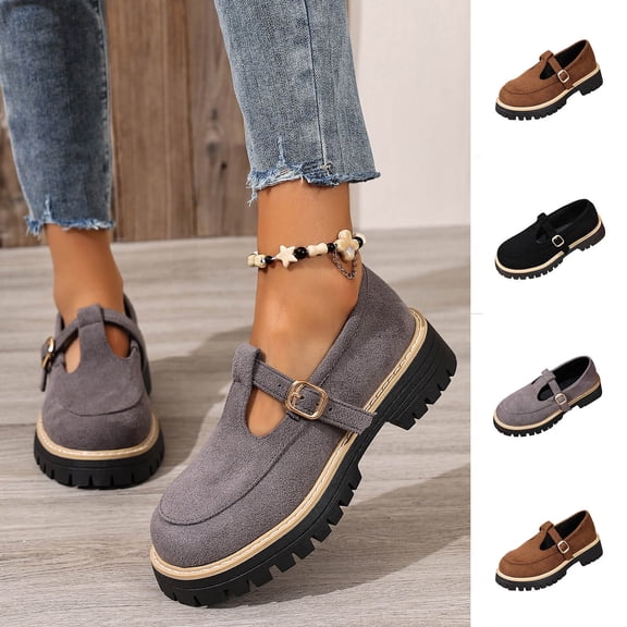 Women's T-Strap Platform Loafers, Trendy Suede Slip On Shoes with Adjustable Buckle, Comfortable Lug Sole Low Heel Pumps, Plus Size Available for Wide Feet, Fashionable Casual Dress Shoes