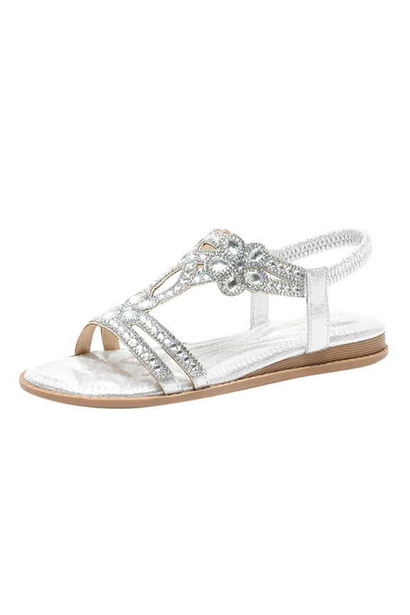 Women's T-Strap Rhinestone Beaded Flat Sandals Slip On Summer Glitter Beach Sandal Comfortable Elastic Srap Dressy Shoes Silver Size 7
