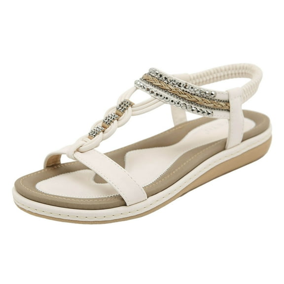 Women's T-Strap Rhinestone Flat Sandals Comfortable Open Toe Elastic Ankle Strap Slip On Walking Sandals Summer Fashion Bohemian Beach Shoes White Women Sandal