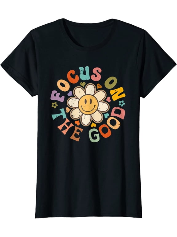 Women's T-shirt Inspirational Motivational Positive Quote Focus On The Good Casual Short Sleeve Tops Black X-Large