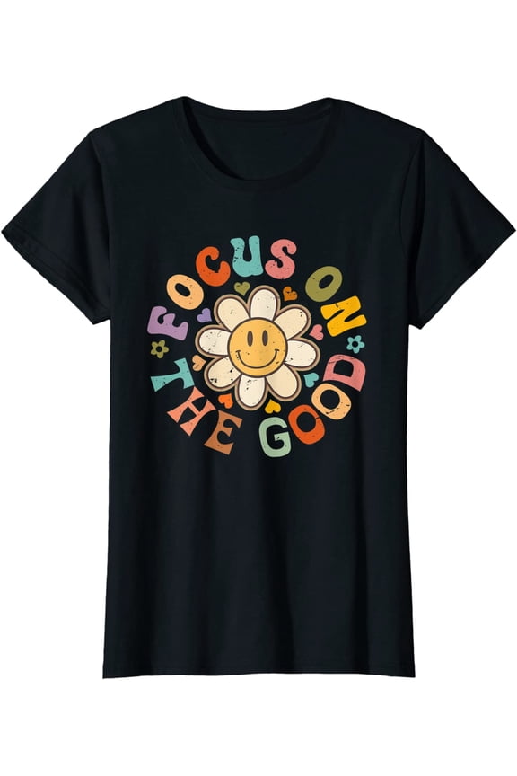 Women's T-shirt Inspirational Motivational Positive Quote Focus On The Good Casual Short Sleeve Tops Black X-Large