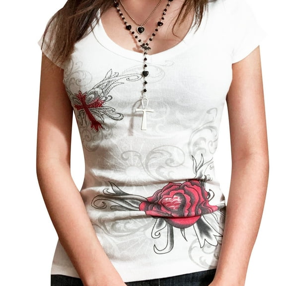 Women´s T-shirt, Rhinestone Flower Print Short Sleeve Round Neck Slim Fit Tee Shirt Summer Tops