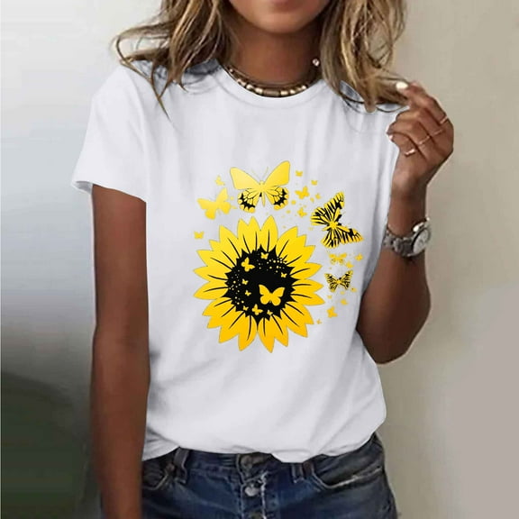 Women's T-shirt Solid Color Tees with Short Sleeves Crew Neck Flower Print Pattern Simple Casual T-shirts Womens Office Outfit Every Wear Summer Vacation Beach Fashion