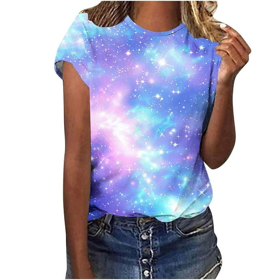 Women's T-shirts 2025 New Starry Sky Print Shirts Summer Short Sleeve Top Casual Round Neck Blouses Loose Pullover Tops Style 03 XXL