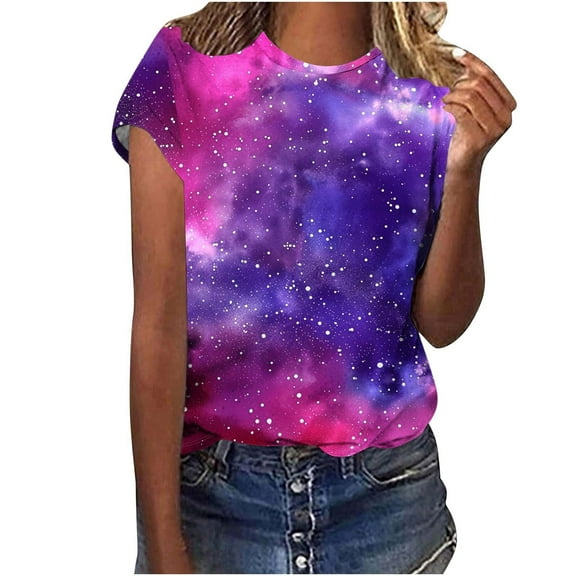 Women's T-shirts 2025 New Starry Sky Print Shirts Summer Short Sleeve Top Casual Round Neck Blouses Loose Pullover Tops Style 09 4XL