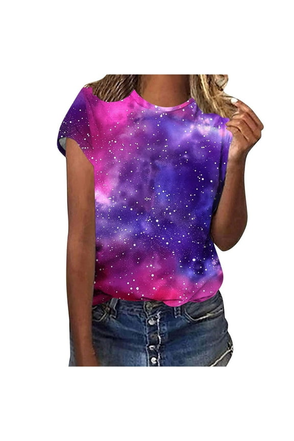 Women's T-shirts 2025 New Starry Sky Print Shirts Summer Short Sleeve Top Casual Round Neck Blouses Loose Pullover Tops Style 09 L