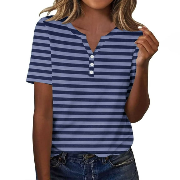 Women's T-shirts Fashion Classic Stripes Printed Shirts Summer Short Sleeve Pullover Top Casual Loose Button V-Neck Blouses Navy XXL