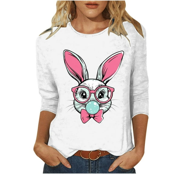 Women's T-shirts Happy Easter Bunny with Glasses Shirts Cute Graphic Tees 3/4 Sleeve Casual Spring Tunic Tops