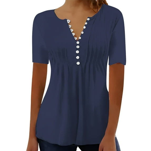 Women's T-shirts Women's Casual Pleated Round Neck Button Open Short Sleeve Loose T Shirt Shirt Top T-shirts