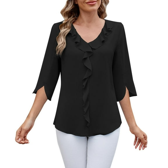 Women's T-shirts Women's Chiffon Shirt Mid Sleeved V Neck Pleated Ruffled Loose Women's Top Mid Sleeved V Neck Top T-shirts