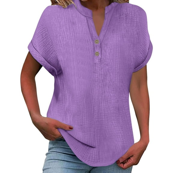 Women's T-shirts Women's Fashionable And Casual Solid Color V Neck Wrinkle Cloth Button Short Sleeve Rolled Up T Shirt Top T-shirts