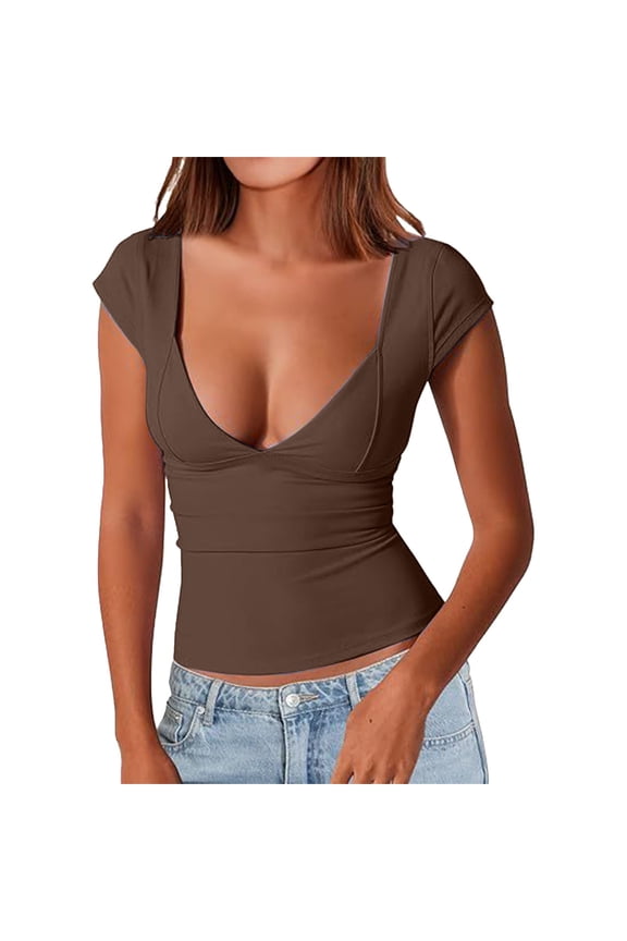 Women's T-shirts Women's V Neck Short Sleeve T Shirts Double Lined Tee Seamed Cup Going Out Tops T-shirts