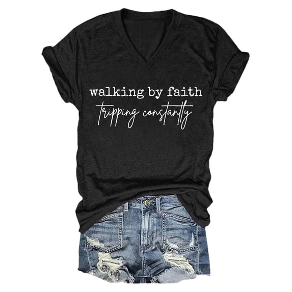Women's T-shirts Women's Walking By Tripping Constantly Print T Shirt Casual V Neck T Shirt T-shirts