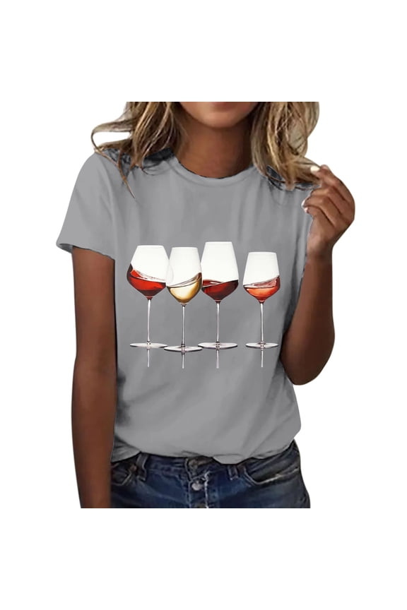 Women's T-shirts Women's Wine Glass Printed Shirt Short Sleeve Round Neck T Shirt Fashion Top Lightweight Soft Casual Summer Clothing Clothes T-shirts