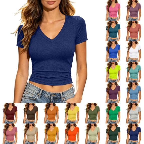 Women's T-shirts Zaewscy Women's Summer Slim Short Sleeve T-Shirt Thin Breathable Stretch Solid Color Plus Size V-Neck Base Layer Dark Blue S