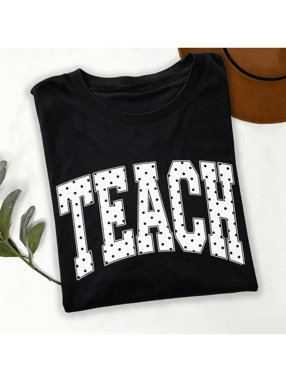 Women's "TEACH" Polka Dot Varsity Letter Graphic T-Shirt, Casual Teacher Short Back To School Casual Short Sleeve Tee,Teacher Life