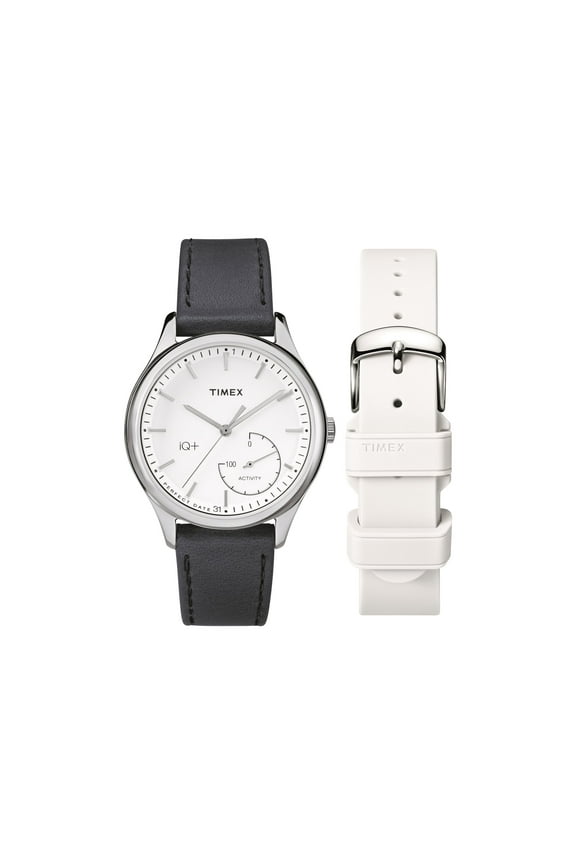 Women's TWG013700 IQ+ Move Activity Tracker Black Leather Strap Watch Set With Extra White Silicone Strap