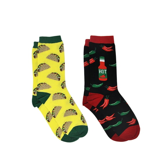 Women's Tacos & Hot Sauce Chili Peppers Food Novelty Socks (2 Pairs)