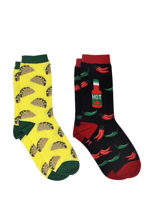 Women's Tacos & Hot Sauce Chili Peppers Food Novelty Socks (2 Pairs)