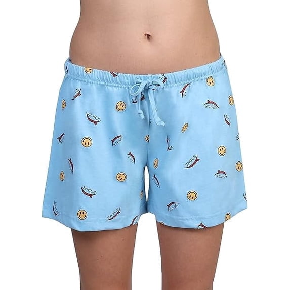 Women's Tagless 100% Cotton Prints Sleepwear Pajama Boxer Comfortable Bottom Shorts by Badger Smith (L, Blue Smileys)