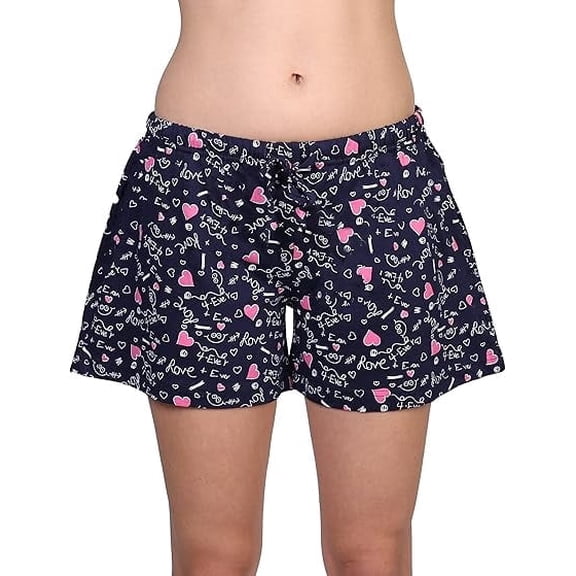 Women's Tagless 100% Cotton Prints Sleepwear Pajama Boxer Comfortable Bottom Shorts by Badger Smith (L, Navy Blue Hearts)