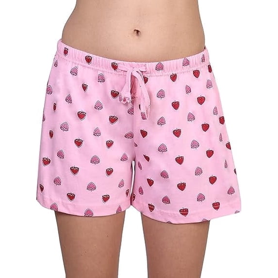 Women's Tagless 100% Cotton Prints Sleepwear Pajama Boxer Comfortable Bottom Shorts by Badger Smith (L, Pink Strawberries)
