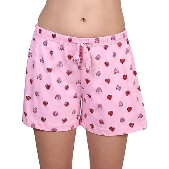 Women's Tagless 100% Cotton Prints Sleepwear Pajama Boxer Comfortable Bottom Shorts by Badger Smith (L, Pink Strawberries)