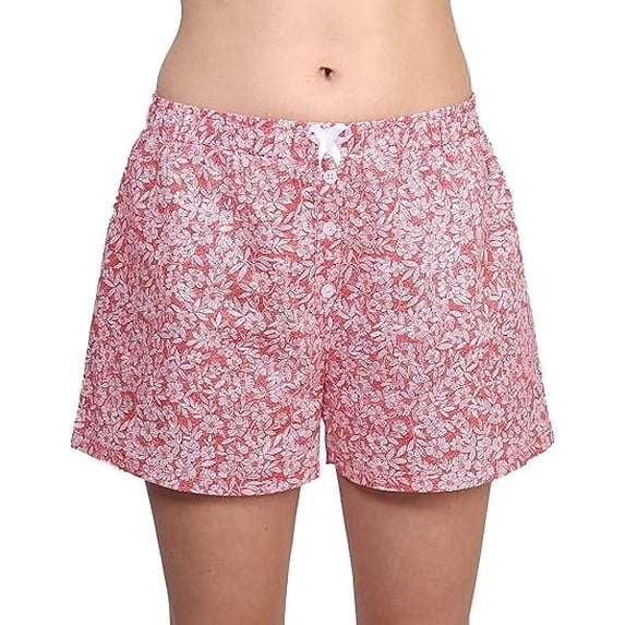 Women's Tagless 100% Cotton Prints Sleepwear Pajama Boxer Comfortable Bottom Shorts by Badger Smith (S, Red Floral)