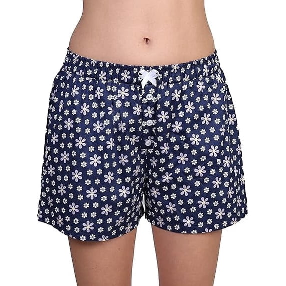Women's Tagless 100% Cotton Prints Sleepwear Pajama Boxer Comfortable Bottom Shorts by Badger Smith (XL, Navy Floral)