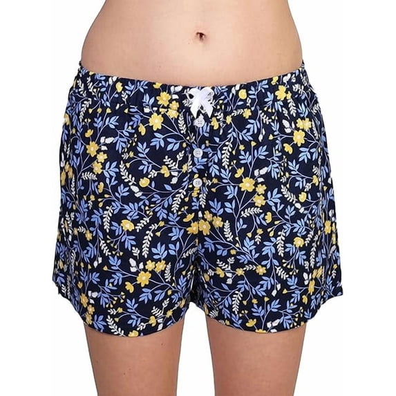 Women's Tagless 100% Cotton Prints Sleepwear Pajama Boxer Comfortable Bottom Shorts by Badger Smith (XXL, Navy Blue Floral)