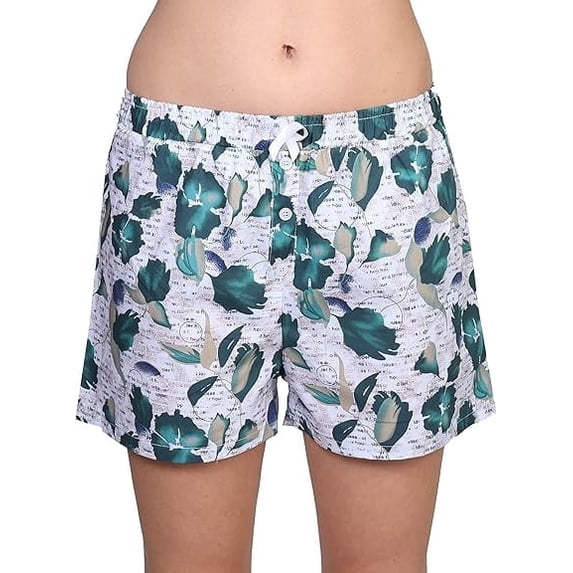 Women's Tagless 100% Cotton Prints Sleepwear Pajama Boxer Comfortable Bottom Shorts by Badger Smith (XXL, White/Green Leaves)