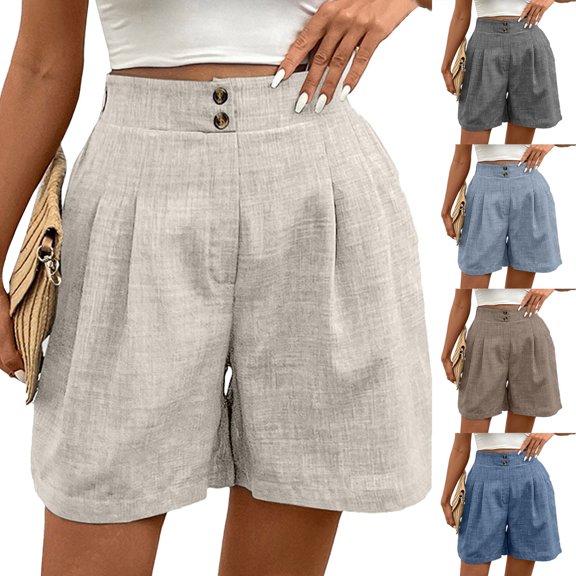 Women's Tailored Linen Shorts High Waisted Pleated Pants Button Fly Summer Work Trouser Shorts with Pockets, #02 Beige, M