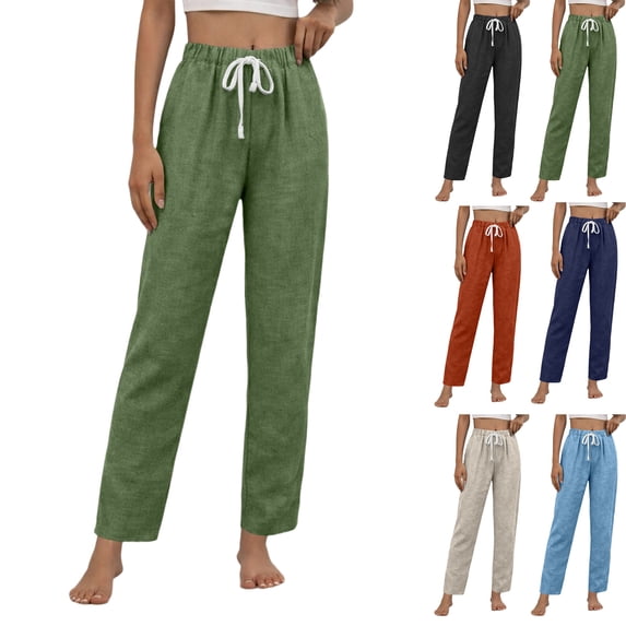 Women's Tall Fit Linen Blend Pants with Adjustable Drawstring Waist and Side Pockets, Lightweight Breathable Fabric for All Day Comfort Khaki S