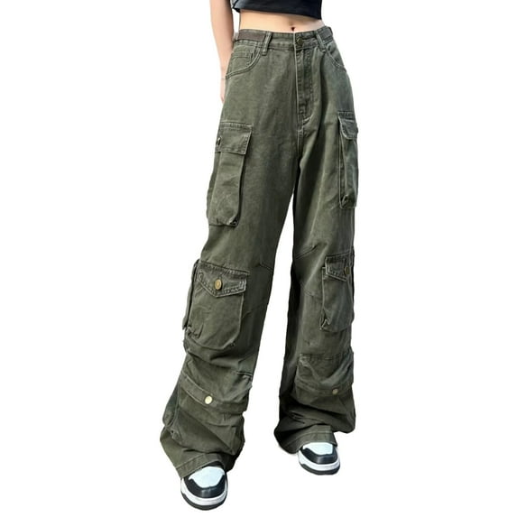 Women's Tall Wide Leg High Street Straight Tube Pocket Cargo Casual Pants for Plus Size Comfort(Color:Green,Size:3XL)