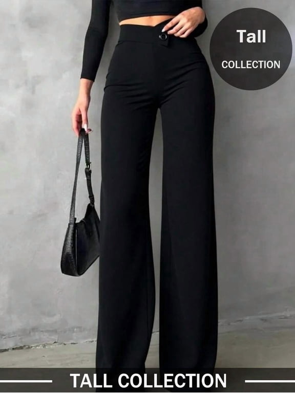 Women's Tall Wide Leg Suit Pants, Asymmetric V High Waist Button Detail, Black Office Daily Wear Trousers
