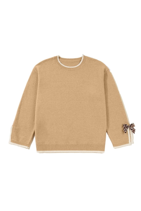 Women's Tan Leopard Bow Sweater – Plus Size Loose Casual Daily Wear [ZhiHiMeRi] | 4X