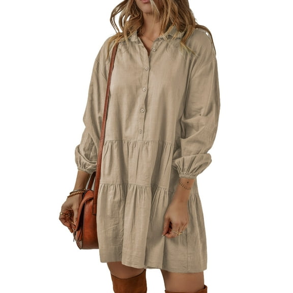 Women's Tan Puff Sleeve Buttoned Tiered Pleated Mini Dress - Elegant and Chic - [ZhiHiMeRi] | (US 12-14)L