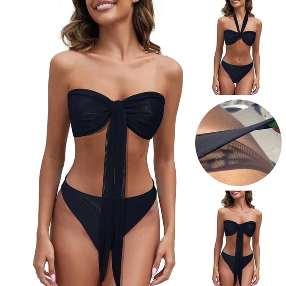 Women's Tan Through Slim Fit Hollow Translucent Non Tender Beach Bath Sunbathing No Sun Mark Breathable Strap Bikini