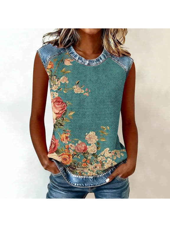 Women's Tank Casual Round Neck Solid Color Printed Denim Stitching Waffle Knit Sleeveless Blouse Army Green L