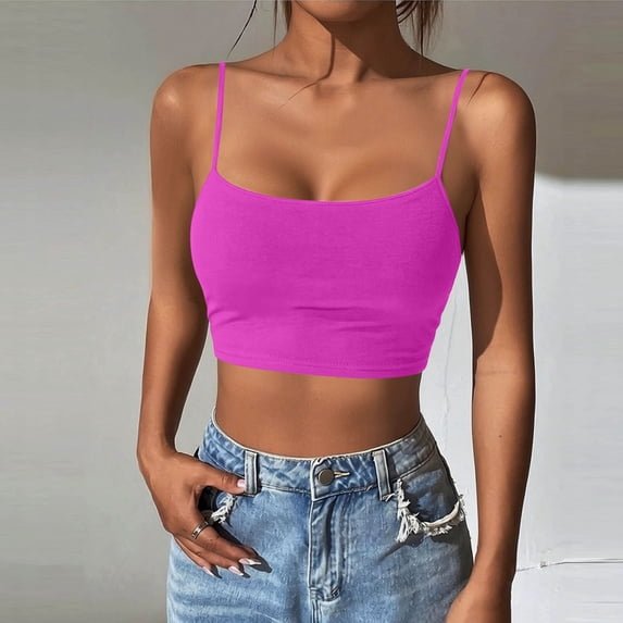 Women's Tank Short Length U-Neck Crop Camisole with Built-In Bra,Summer Top Hot Pink M,sold by WHLBF