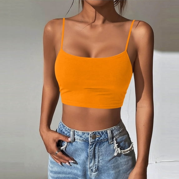 Women's Tank Short Length U-Neck Crop Camisole with Built-In Bra,Summer Top Orange M,sold by WHLBF