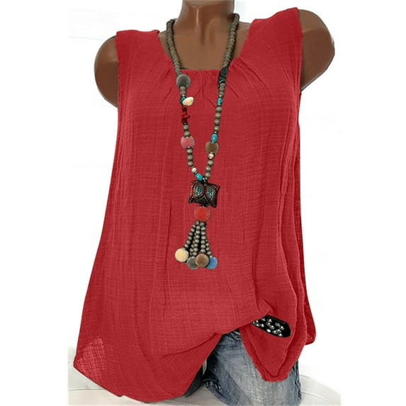 Women's Tank Summer Solid Color Casual Tank Tops Loose Fits Pleated Round Neck Sleeveless Tops