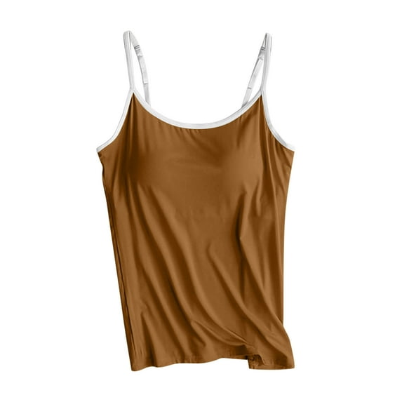 Women's Tank Top with Built in Bra Sleeveless thin Spaghetti Shoulder Strap Camisoles Summer Padded Bra Undershirt Basic Solid Color Camisole for Workout Sleeping Traveling
