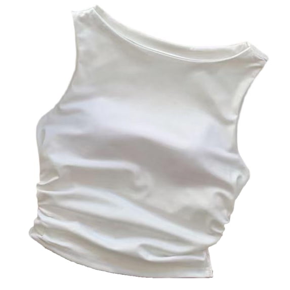 Women's Tank Top Built in Bra Crew Neck Sleeveless Crop Tops Ruched Front Cropped Summer Tanks White