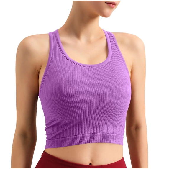 Women's Tank Top Built in Bra Ribbed Crew Neck Sleeveless Fitted Yoga Shirt for Workout Running Pullover Cropped Tanks Purples